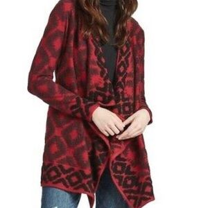 Lucky Brand Aztec Tribal Wrap Cardigan S Open Front Draped $129 Red Black